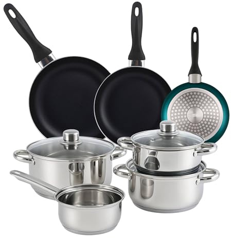 Bistro Series Set de Batería de cocina de 7pc en acero inoxidable + 3 Sartenes Ø16Ø20Ø24cm Azul metalizado en aluminio prensado