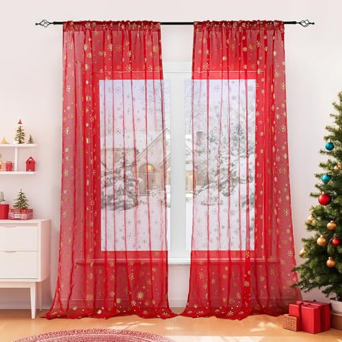 Wokuaile Rot Weihnachts Vorhang Kräuselband Weihnachtsgardine Transparent | 2er Set Wohnzimmer Gardinen mit Goldernem Muster Voile Vorhänge H220 x B140 cm