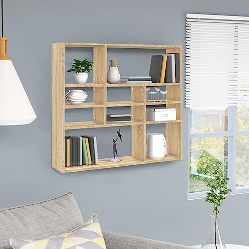 IBUQDDV Espositore a Parete in Legno Rovere Sonoma con 10 Scomparti Aperti, Scaffale Decorativo per Libri Oggetti da Collezione e Piante, Montaggio Facile, 90x16x78 cm, Resistente