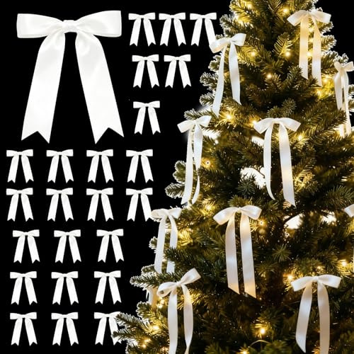 24 Pcs 1 Wide White Christmas Tree Satin Bows 5 * 7 inch, Rustic Bows for Door, Garland, Fireplaces, Wreath Decor, Xmas Home Party Decoration