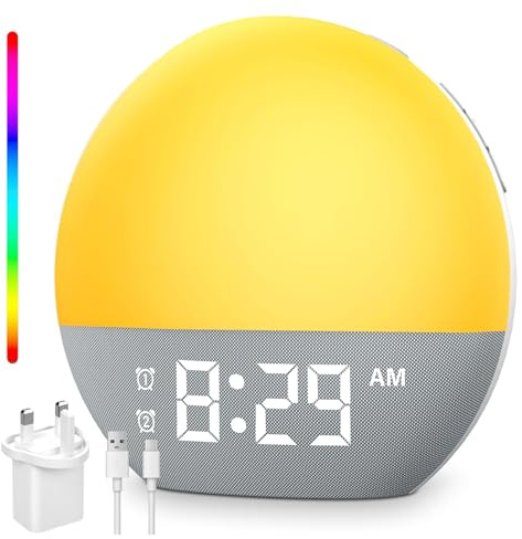 Tageslichtwecker, Lichtwecker Sonnenaufgang Wecker mit Digital Doppelalarm 18 Farblicht 20 Helligkeit 24 Naturgeräusche FM-Radio, Farbige Sonnenaufgangssimulation,Geschenke für Frauen & Männer