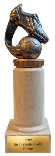 eberin – Fußball Pokal mit Gravurschild, 17 cm hoch, Resin Figur Fußballschuh & Ball auf echtem Marmorsockel – ideal für Turniere, Ehrungen & Vereinsfeiern