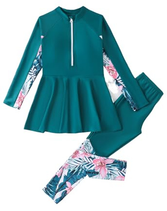 FYMNSI Girls Modest Long Sleeve Swimsuits 2 Pieces Set Burkini Rash Guard Swimwear Quick Dry Surfing Wetsuit for Kids Muslim Islamic Bathing Suit Zip Up Top Swim Leggings Pants Green 12-14 Years