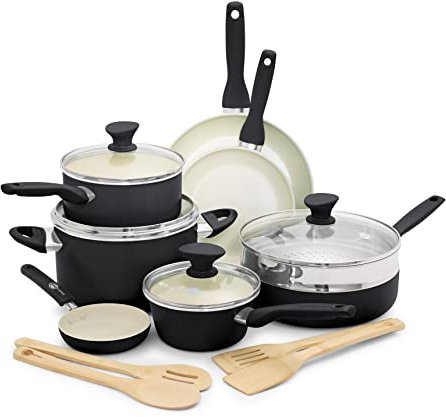 GreenPan Rio Gesundes Keramisches Antihaft-geschütztes 16-teiliges Topf- und Pfannenset mit Bratpfannen, Kochtöpfen, PFAS-frei, Stay-Cool-Griff,Backofenfest bis 160°C,Spülmaschinenfest,Schwarz & Crème