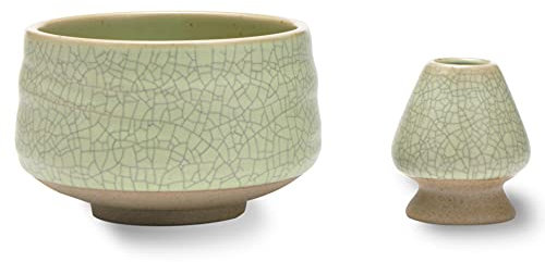 TEANAGOO Chawan Matcha cuenco de té y soporte para batidor Matcha, soporte Chasen, MB-6, 510 ML, verde claro mate con costura negra, 2 piezas/cajas.…
