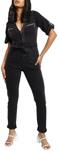 JMOJO – Jumpsuit for Women UK - One Piece Regular Fit Women's Dungarees with Roll-Up Buttoned Long Sleeves & Adjustable Belted Waist - Casual Smart Overalls with Large Side Pockets & Pointed Collar