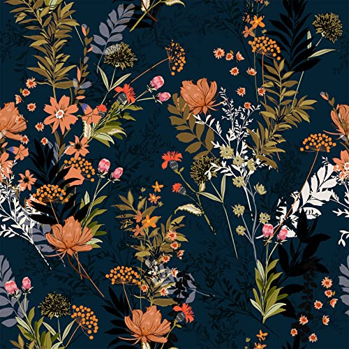VEELIKE Tapete Blumen Schwarz 44.5cm×900cm Fototapete Dschungel Blumentapete Vintage Tropische Blätter Möbelfolie Muster Wandtapete Selbstklebend Küchentapete Abwaschbar Wohnzimmer Schlafzimmer