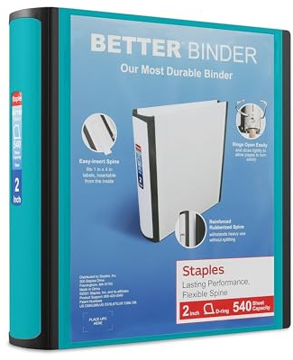 Staples Better Binder, 2 Heavy‑Duty D‑Ring 3‑Ring Binder, Teal, Reinforced Spine, 540‑Sheet Capacity, Durable Organizer for Office, School & Filing, 2‑Pack