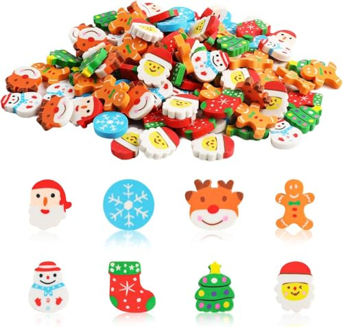 DERAYEE 120 mini gomme da cancellare di Natale, Babbo Natale, alce, pupazzo di neve, omino di pan di zenzero per feste per bambini e premi in classe