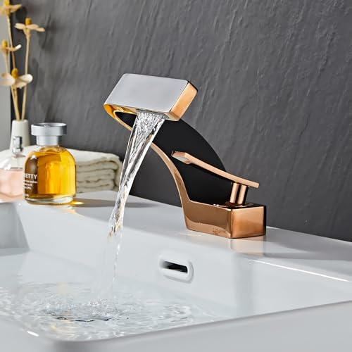 MocArt 2239 Wasserfall-Badezimmerhahn, Schwarz + Roségold | Keramikkartusche, Kupfer-Duscharmatur für Hotel Badewannen, Einlochmontage, wassersparend, für Dusch- & Waschbecken