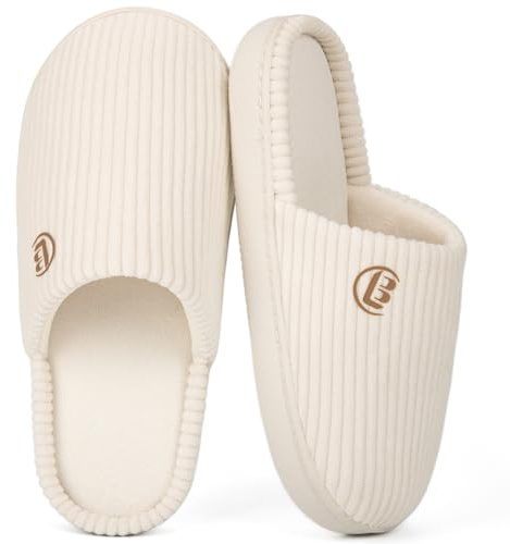 LongBay Women’s Warm Slippers Comfy Corduroy Memory Foam Slip On House Shoes Indoor Outdoor Non-Slip Sole White, 7-8