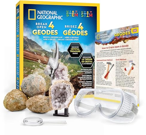 National Geographic Break Open 4 Geodes Science Kit – Includes Goggles & Display Stand - STEM Science Gift for Boys & Girls, Break Your Own Geodes