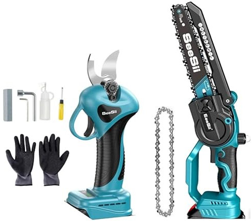 SEESII 6 Pollici Mini Motosega a Batteria & 33 mm Forbici Potatura a Batteria, 2-in-1 Kit Motosega e Forbici con 2×2000 mAh Batterie, Motore Brushless, Ideale per Taglio di Tronchi e Rami