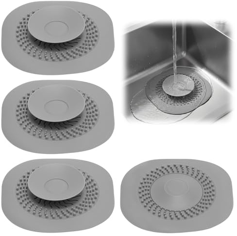 4 piezas de tapones universales de silicona para desagüe - Tapones para fregadero, lavabo y bañera - Con función de filtro y alta estanqueidad - Tapones flexibles para el desagüe - Gris