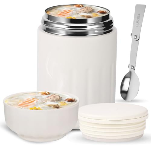 Kinberry Thermobehälter für Essen, 600ml Auslaufsicher Thermos Essensbehälter, Edelstahl Thermo Lunchbox mit Griff und Klappbarem Löffel, für Joghurt, Müsli, Haferbr