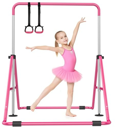 SHIWEI Gymnastics Bar for Kids, Foldable Gymnastic Bar with 5 Adjustable Height, Expandable Training Equipment for Indoor/Outdoor (Hot Pink)