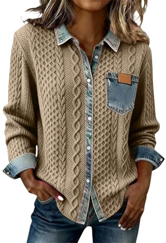 Chemise boutonnée pour femme - Col à revers - Imprimé texturé - Patchwork - Veste en jean décontractée et légère - Style vintage - Coutures contrastées de couleurs, kaki, M