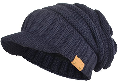 Herren Dame Dick Vlies Gefütterte Strickmützen Stricken Slouch Mütze Mit Visier (Marine)