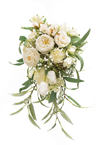 BENCENTRE 12-Inch White & Greenery Cascading Bridal Bouquet for Wedding Ceremony, Anniversary, French Rustic Vintage Style - Artificial Flowers