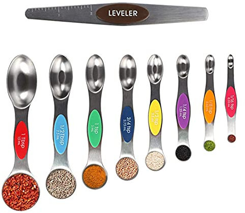Magnetic Measuring Spoons Sets of 9, ProChosen Dual Sided Stainless Steel Stackable Teaspoon Tablespoon with Colorful Scale and Leveler, Fits in Spice Jars for Measuring Dry and Liquid Ingredients