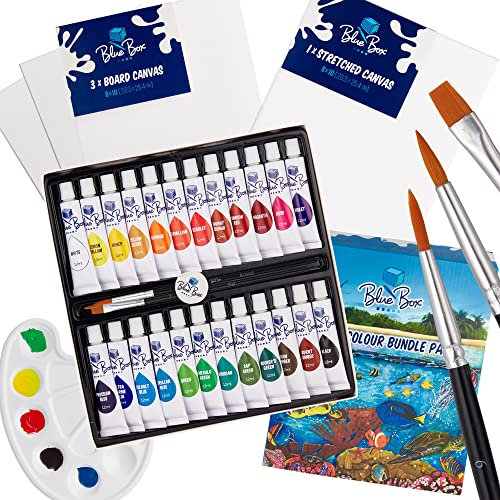 Blue Box Premium Watercolour Painting Kit - 3 Painting Brushes, 1 Re-useable Paint Palette, 3 Canvas Board Panels & 1 Stretched Canvas - Perfect for Beginner & Professional Artists