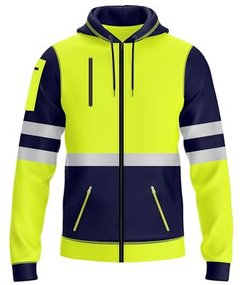 NOROZE Sweat à Capuche Haute visibilité avec Fermeture éclair sur Le Devant pour Homme Bande réfléchissante - Haute visibilité - avec Fermetures éclair (XXL, Style 1: Vert Fluo/Marine)