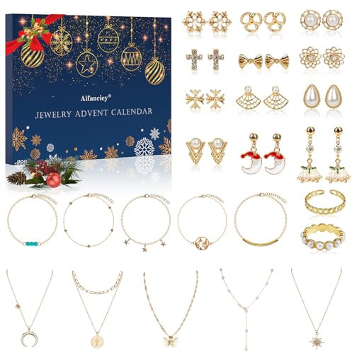 Calendrier de l'Avent Bijoux, 24pcs Calendrier de l'Avent Collier Boucles d'oreilles Bracelet Anneaux Calendrier de l Avent Calendrier Femme Avent Compte à rebours jusqu'à Noël