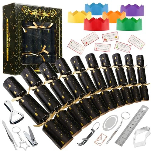KreativeKraft Luxury Christmas Crackers, Pack of 10 Deluxe Xmas Crackers, Family-Friendly Novelty Xmas Gifts, Fun Party Table & Christmas Decorations (Black Deluxe Set)