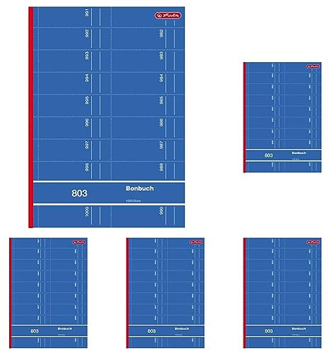 Herlitz 892612 Bonbuch 803, A4, rosa, blau, gelb, grün oder rot, 2x50 Blatt, 1000 Bons farbig sortiert (Packung mit 5)