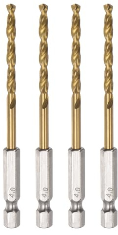sourcing map 4pcs 1/4 Hex Shank Drill Bits 4mm Titanium Drill Bits Set M35 High Speed Steel Twist Drill Bit 94mm Long Fully Ground for Wood, Stainless Steel, Metal, Plastic Plastic