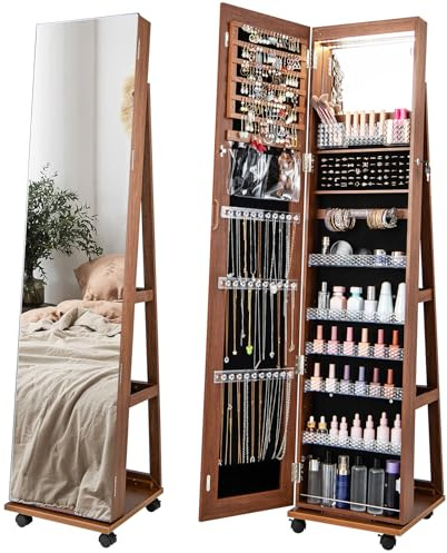 HOMASIS Armoire à bijoux sur roulettes, armoire rotative avec lumières LED de 3 couleurs et étagères réglables, miroir à bijoux sur pied pour colliers, boucles d'oreilles, maquillage, 40 x 38 x 163 cm