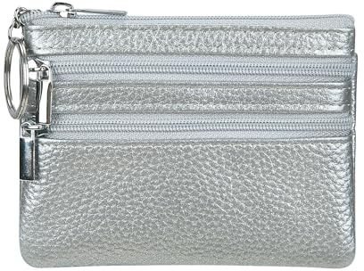 Damen Echtleder Münzbörsen Mini, Klein Geldbörse Münzegeldbörse mit Schlüsselanhänger,Silber