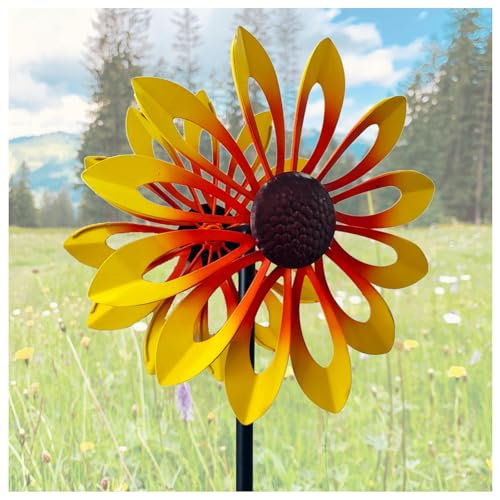Sonnenblumen Windmühle Doppelwindrad mit gegenläufigen Rotoren,174CM, Windrad Garten Metall Groß Landschaft Terrasse, Rasens Oder Gartens,Yellow