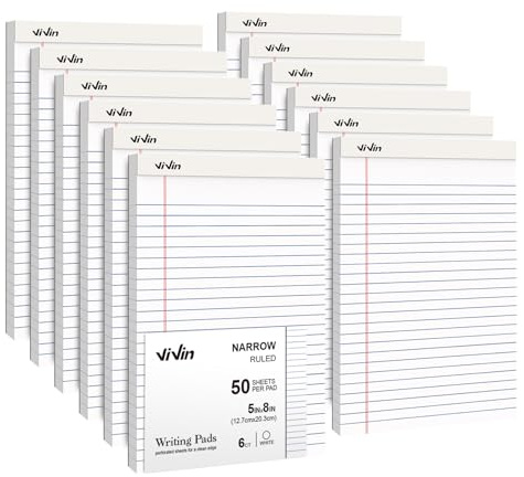 ViVin 5 x 8 Inch Legal Pads, 12 Pack, Narrow Ruled, 50 Sheets Per Writing Pad, Perforated Note Pads Ideal for Home, Office, Business, 600 Sheets, White Paper