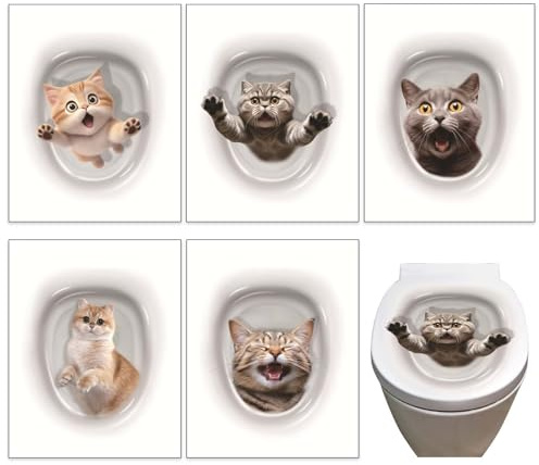 Eowppue Auffällige WC-Deckel-Aufkleber - Verschiedene Mülltonnen-Aufkleber und Aufkleber für Toiletten- und Spülkasten, Satz von 5 lebendigen Katzenmotiven in 3D