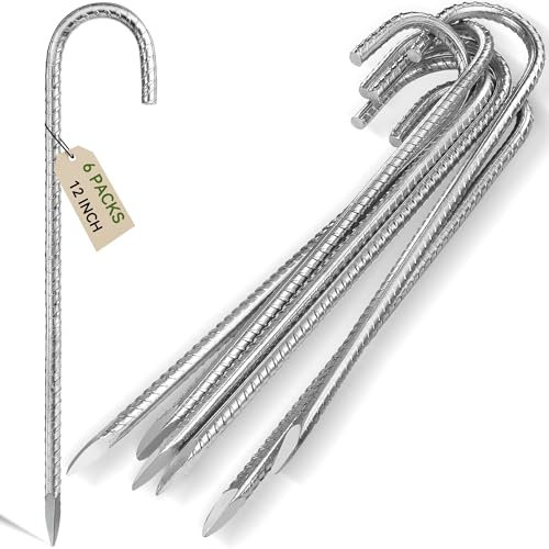 Graxury 6Packs 12inch Heavy Duty Trampoline Tents Anchor Ground Pegs - Galvanized Steel Rust-Proof J Hook Rebar Stakes Fit Trampolines Camp Garden Shed Swings with Chisel Point End