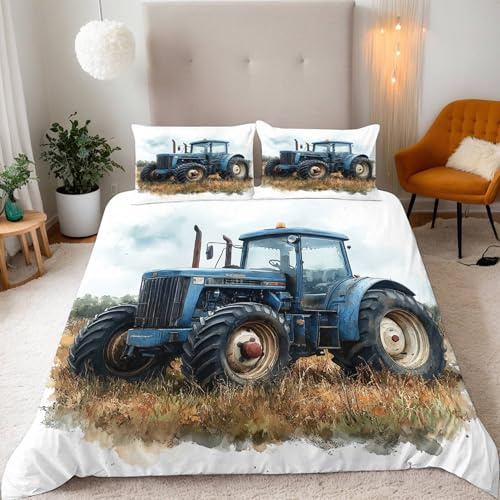 Bedding Bettwäsche 135x200 Set 3 Teilig Mikrofaser Warme Kinder Bettwäsche-Sets 3D Retro Farm Mechanisch Traktor Bettbezug 135x200 Deckenbezug + 2 Kissenbezüge 80x80 mit Reißverschluss Eckbinder