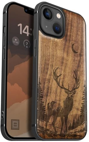 Carveit Coque pour iPhone 13 Étui Bois, (Noyer-Majesté Lune du cerf) | Magnétique Case [Antichoc Pare-Chocs en TPU Souple] Étui en Bois de Téléphone Compatible Magsafe iPhone 13 Coque