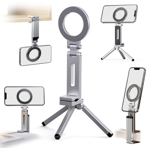 Magnetisches Handy Stativ, 3-in1 Aluminium Handy Stativ für Smartphone, Faltbar Taschen Ständer mit 1/4-Gewinde, Schreibtischständer Mini Handyhalterung für iPhone 17 16 15 14 13 12 (Grau)