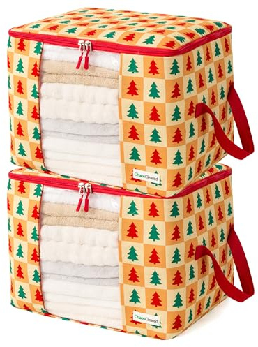 Canvas Storage Bags 2 Pack Designer Clothes Organizer bags for sweaters, clothing, garments, quilt, linens, large folding organizers with zip & window, moth proof space saver - Christmas tree print