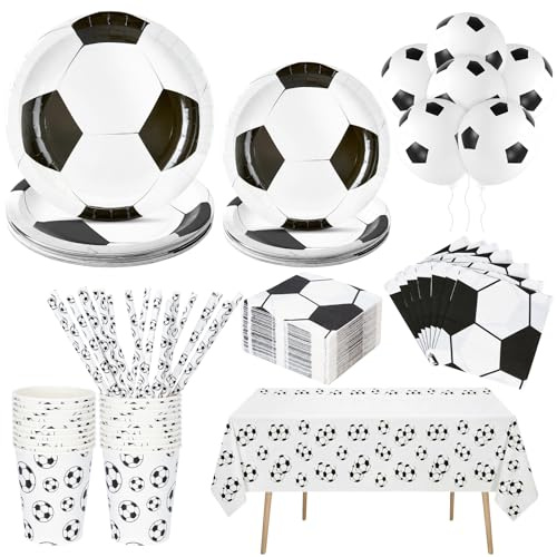 131PCS Football Party Tableware Set - 20 Guest Premium Paper Plates (9” & 7”), Cups, football balloons,Napkins & Straws & Football Print Tablecloth- Complete World Cup, Sports Theme Birthday Party Dec