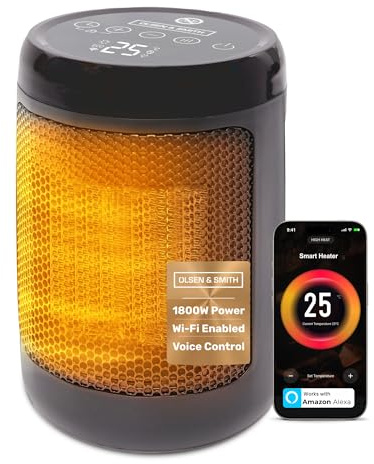 Olsen & Smith 1800W Smart Ceramic Heater, Wi-Fi App & Voice Control | Alexa Voice Control, Thermostat, Fast Heating, Energy Efficient, Compact Tabletop Plug-In Indoor Space Heater, Fast Heat