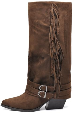 IF Stivali Texani da Donna Cowboy Cowgirl in Camoscio Sintetico con Frange Cinturini e Fibbie Stile Camperos con Ghetta G709 Marrone N.41
