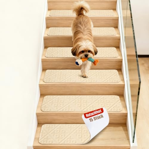 Stufenmatten Selbstklebend, Anti-Rutsch Treppen Teppich, 15 Stück Treppenstufen Matten, 76x20 cm Treppenschutzmatten für Innen, Ideal für Kinder, Senioren und Haustiere（Quadratische Blume-Beige）