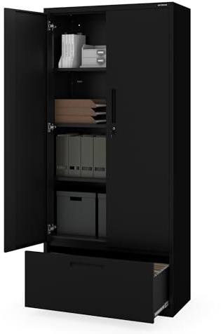 Jan Nowak Aktenschrank Büroschrank Metall mit 40 cm Schublade, 195x90x40 cm | Dokumentenschrank, Ordnerschrank abschließbar mit hoher 40-cm-Schublade, verstellbaren Fachböden, Stahlkorpus