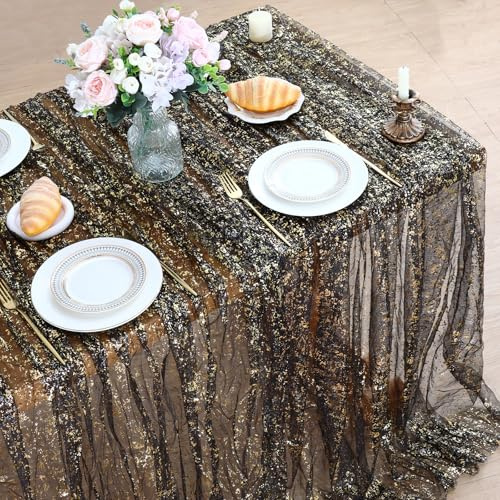 Tischdecke Schwarzes Gold,152x213cm Tischtuch mit Goldfolie,Dekostoff Goldene Tischläufer Hochzeit Boho,Glänzend Tischdeko für Geburtstage Party Taufe Goldene Weihnachten (1Stück)
