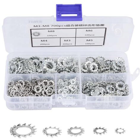 700 piezas Arandela de seguridad dentada galvanizada, Arandelas de seguridad de dientes Juego de arandelas planas Juego de surtido de arandelas dentadas externas Herramienta de