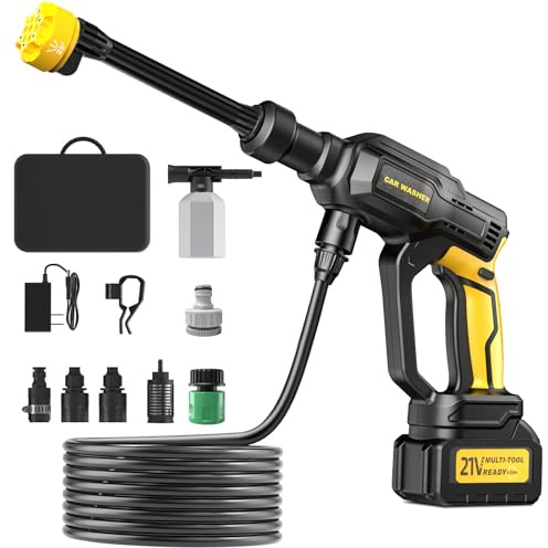 Akku Hochdruckreiniger, Tragbarer Akku-Druckreinigerpistole, Akku-Druckreiniger Mit 6-IN-1 Düse, Batterien, 5 m Schlauch, Zur Reinigung & Bewässerung, Für Terrasse, Autowäsche, Gartenreinigung