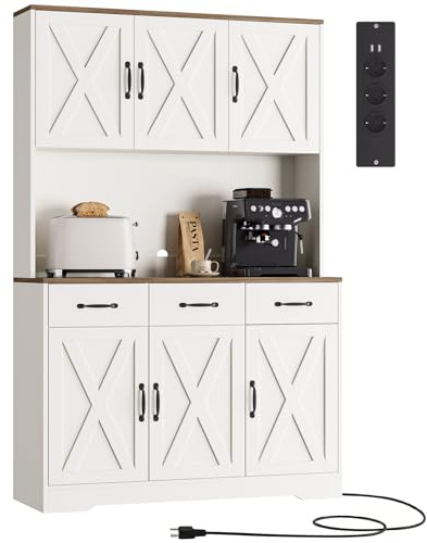 FUSOU 180 cm Vorratsschrank mit Steckdosenleiste, Küchenschrank mit Arbeitsplatte, 3 Schubladen & 4 Türen, Hochschrank Küche im Landhausstil, Küchenbuffet Freistehend für Esszimmer, Weiß (Weiß)