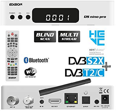 EDISION OS NINO PRO S2X + T2/C White, E2 Linux Full HD Combo receiver, H265 HEVC, MULTI STREAM, BLIND SCAN, WiFi on board, Bluetooth, White color